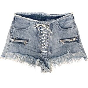 Unravel‎ Project Lace Up Front Denim Shorts Acid Wash Blue Frayed Hem Size 28